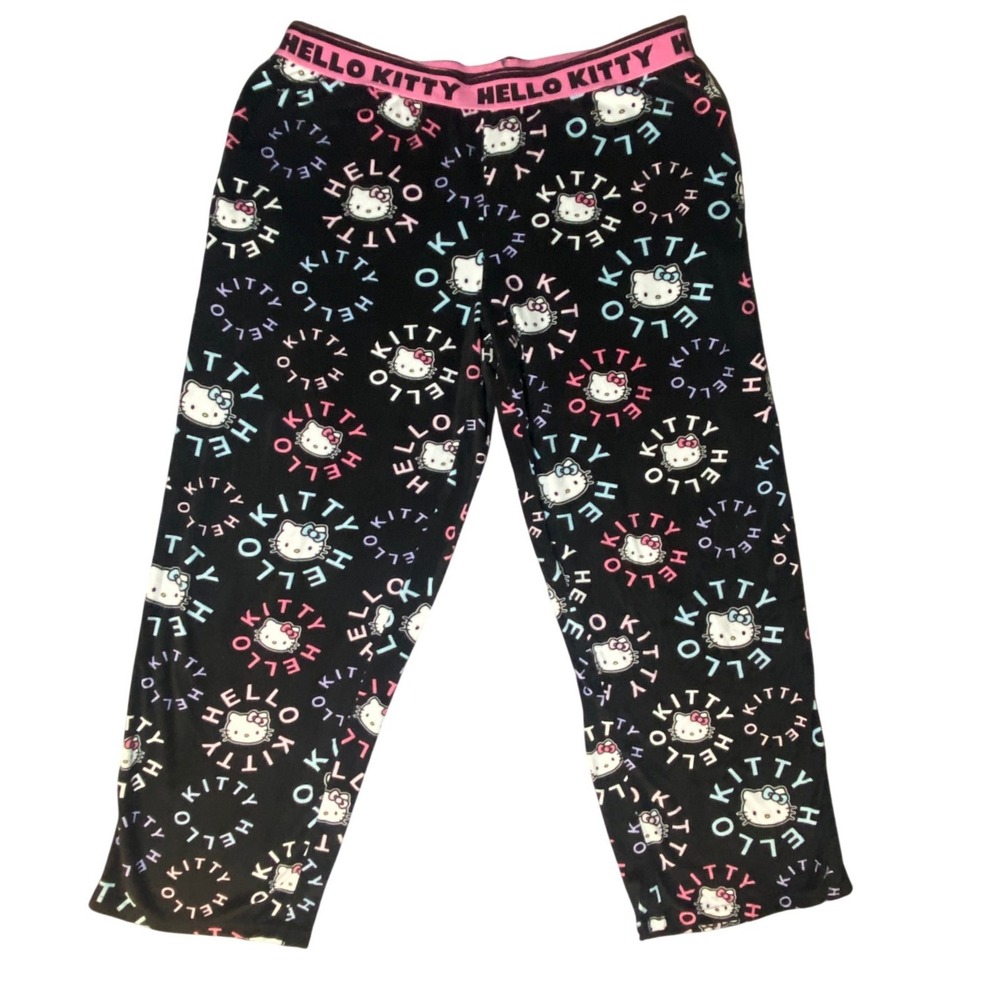 Hello Kitty Black Fleece Pajama Pants All Over Print Logo Youth XL Women's XS/S